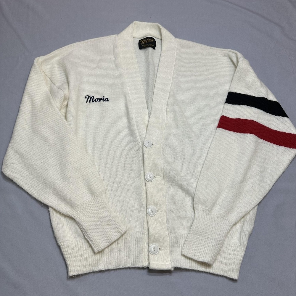 Dehen Knitting Co Sweater Mens Large White Acrylic Cardigan Maria Stripe USA